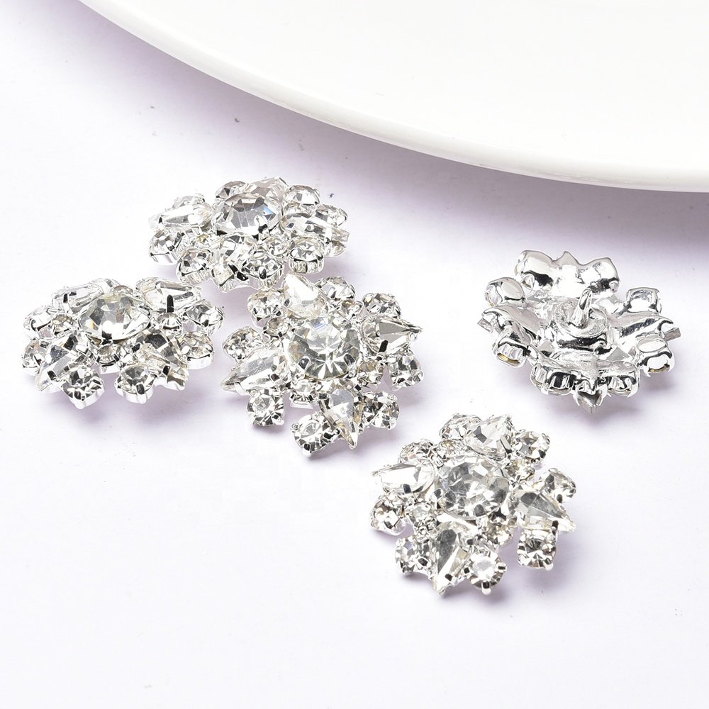 25mm Silver Plated Metal Shank Crystal Diamond Round Flower Rhinestone Button for Garment