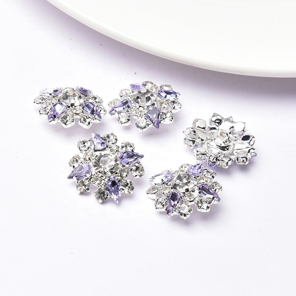 25mm Silver Plated Metal Shank Crystal Diamond Round Flower Rhinestone Button for Garment