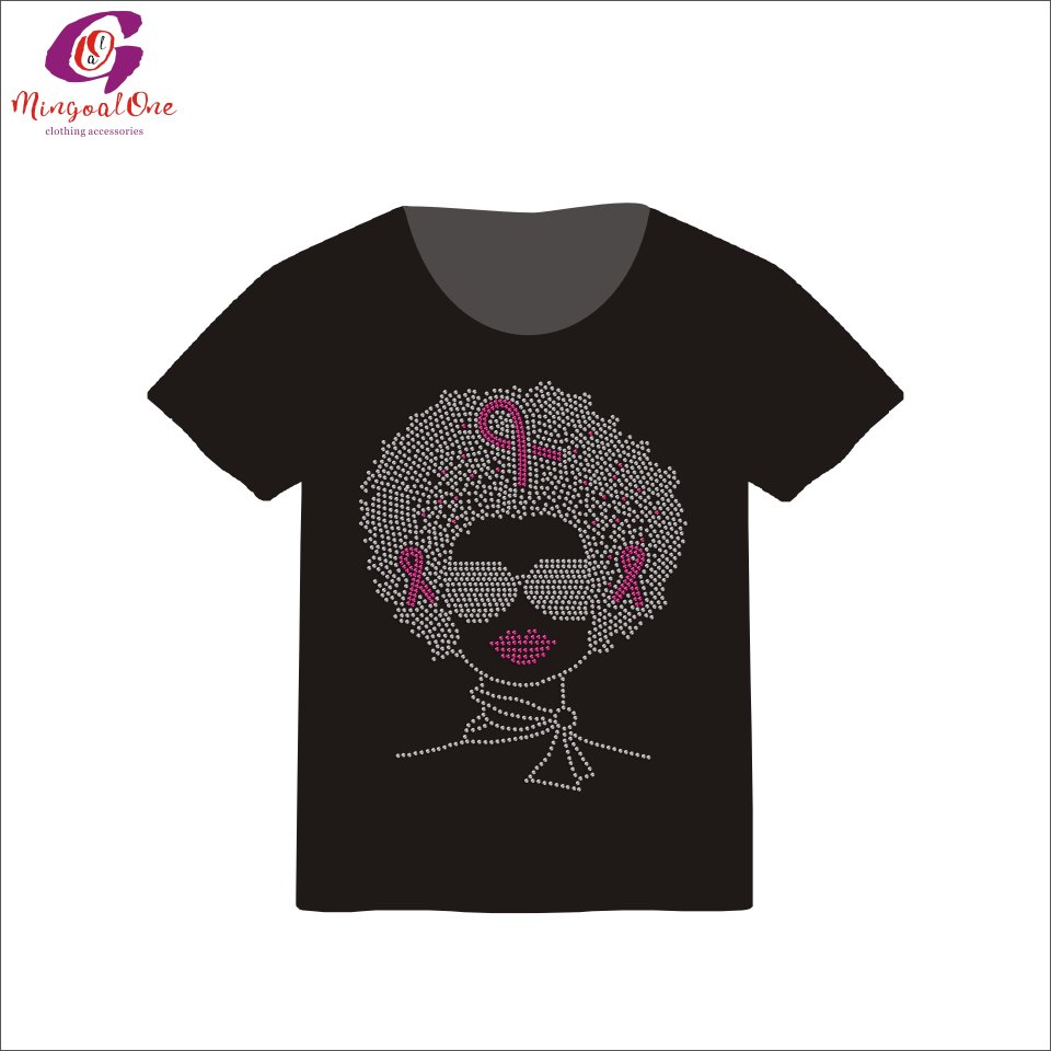 Best Sell Shiny Custom Pink Ribbon Rhinestone Heat Transfer Popular Cancer Ribbon Hot Fix Rhinestone Transfer Design for Shirt