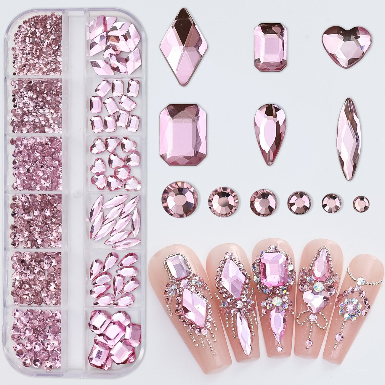 Wholesale Luxury Rhinestone Set 12 Grids Mixed Shape Flat Back Different Shape Nail Rhinestones