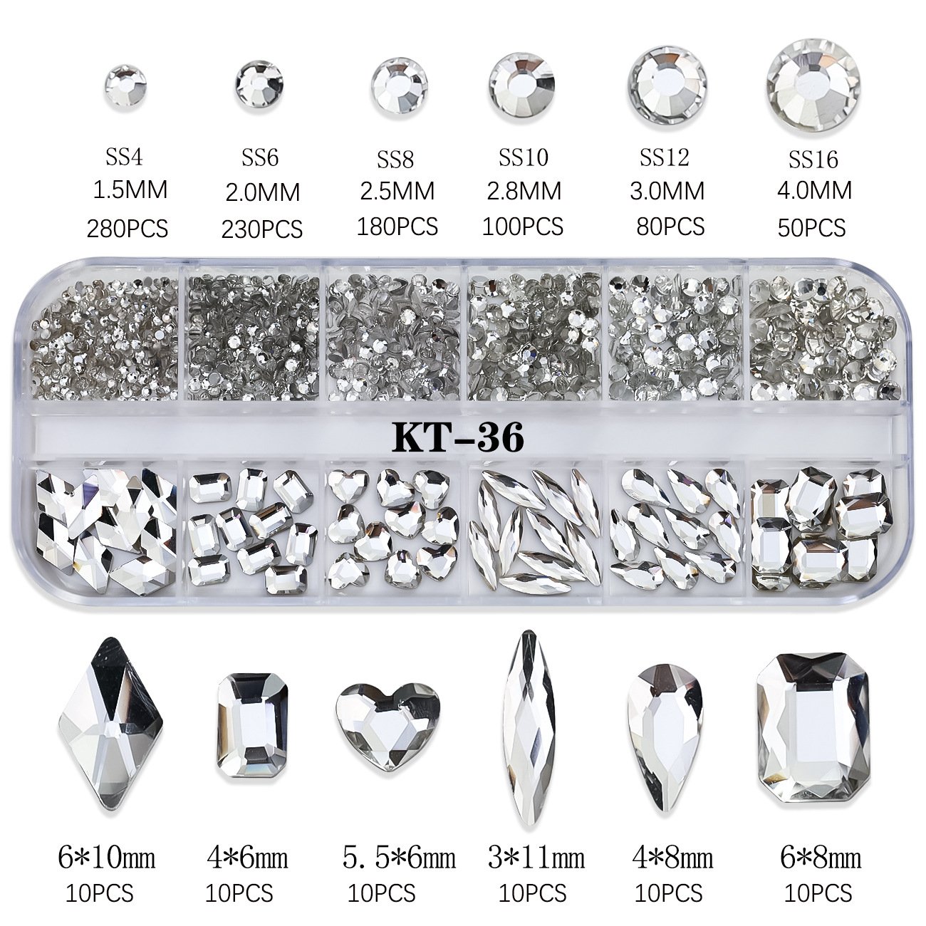 Wholesale Luxury Rhinestone Set 12 Grids Mixed Shape Flat Back Different Shape Nail Rhinestones