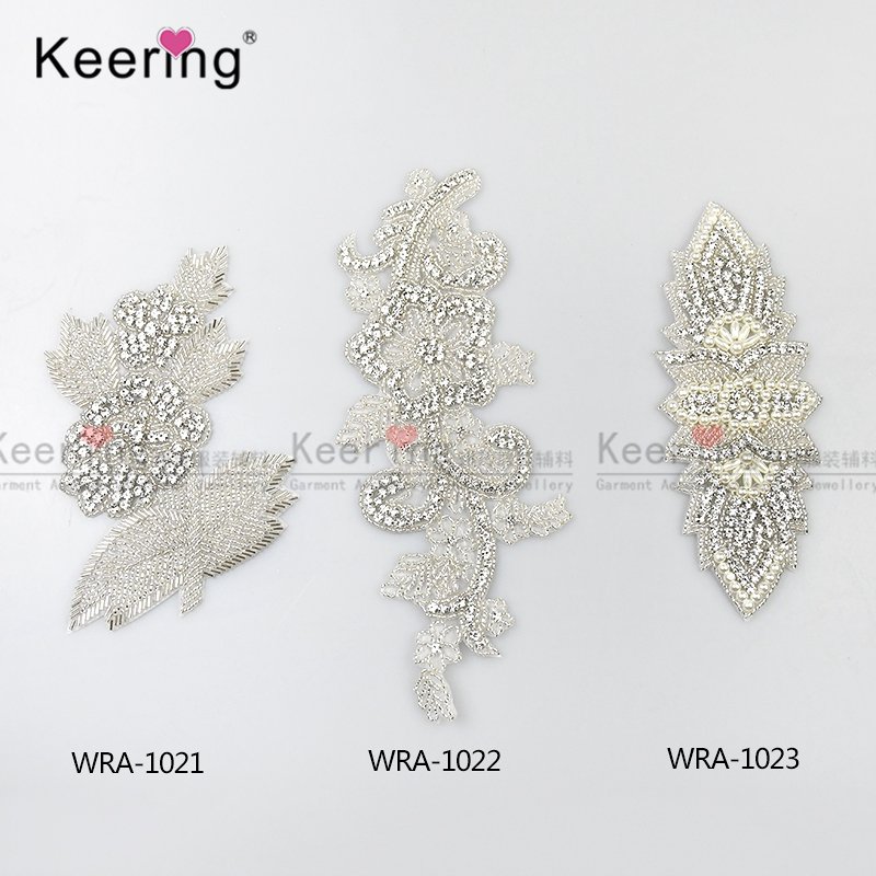 WRA-1022 Beautiful Handmade Decoration Custom Iron On Gold And Silver Ivory Rhinestone Pearl Lady Patch Applique