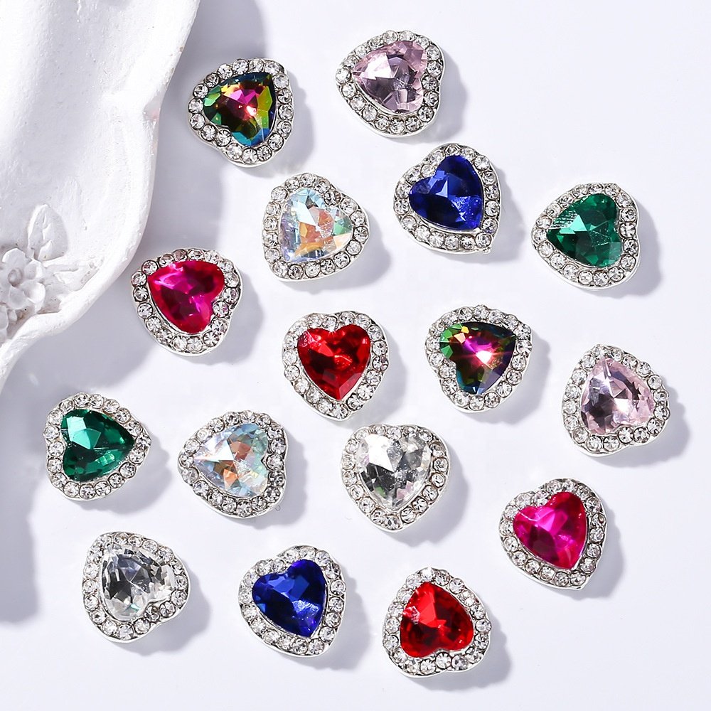 wholesale love heart diamond nail charms for manicure decorations alloy colorful rhinestone accessories
