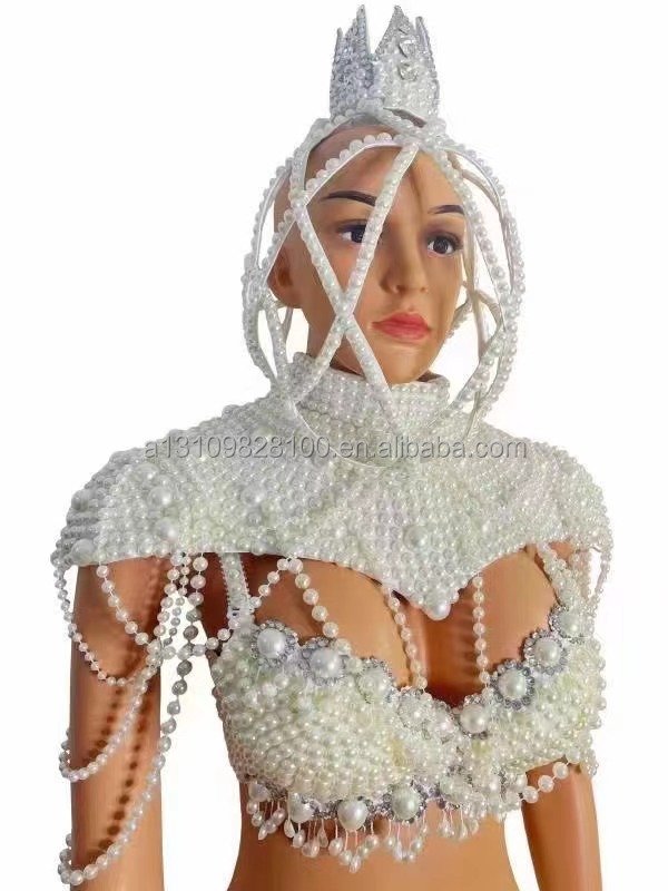 Rave Outfit Festival Clothing Costume Bikini Big rhinestone Pearls Chain HeadGear stage clothing accessories Singer
