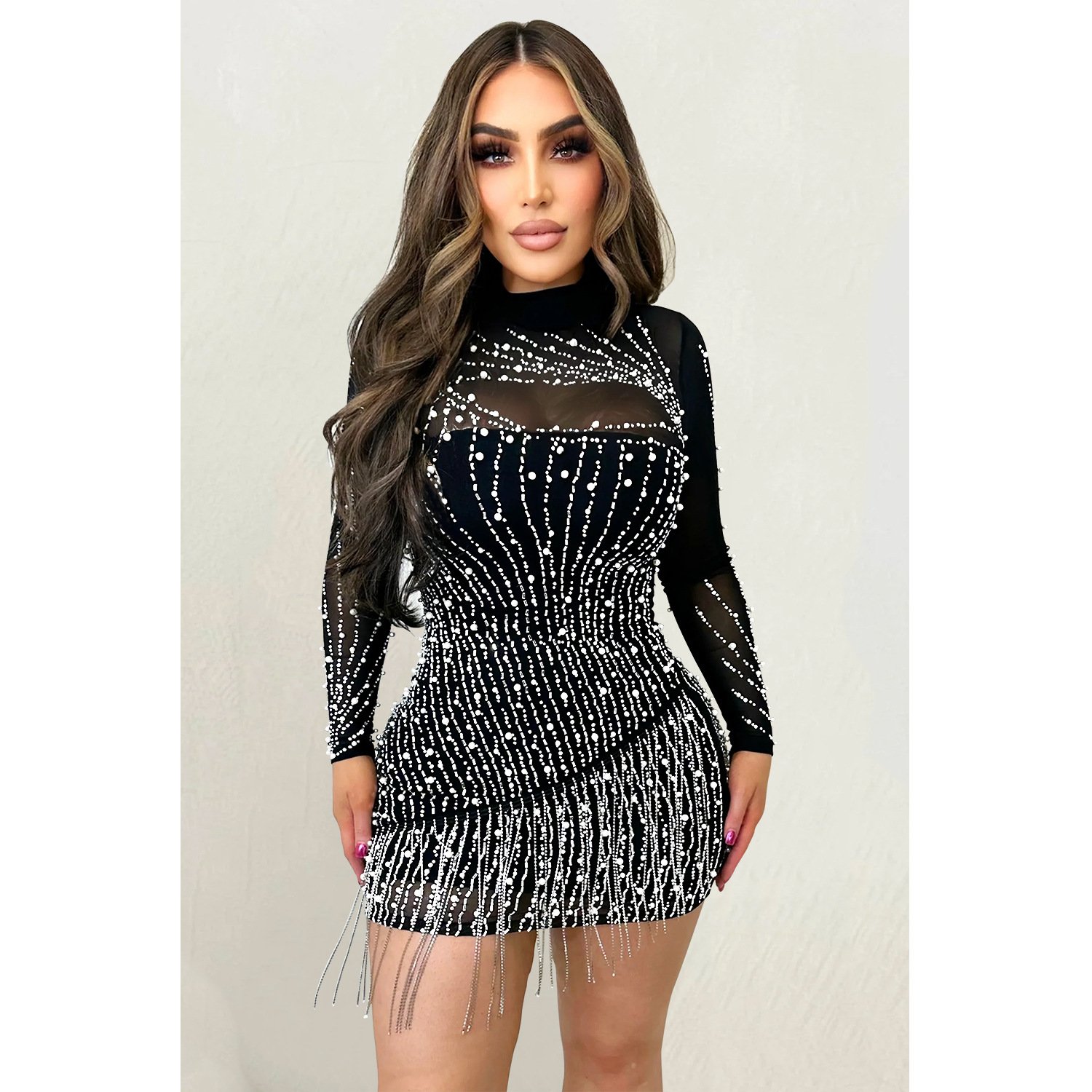 X51211 fashion mesh long sleeve rhinestone beading see through fringe bodycon sexy women short party dress