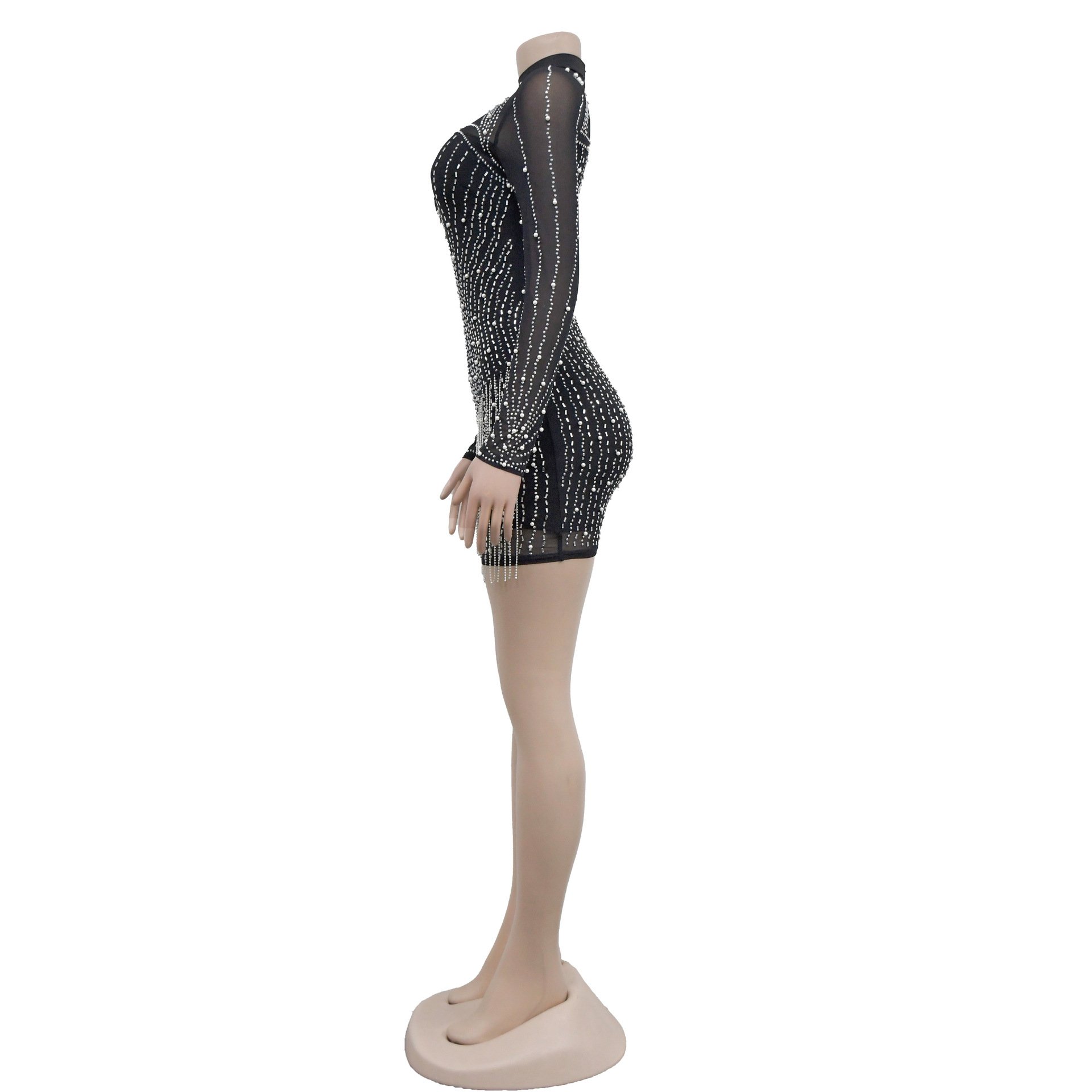 X51211 fashion mesh long sleeve rhinestone beading see through fringe bodycon sexy women short party dress