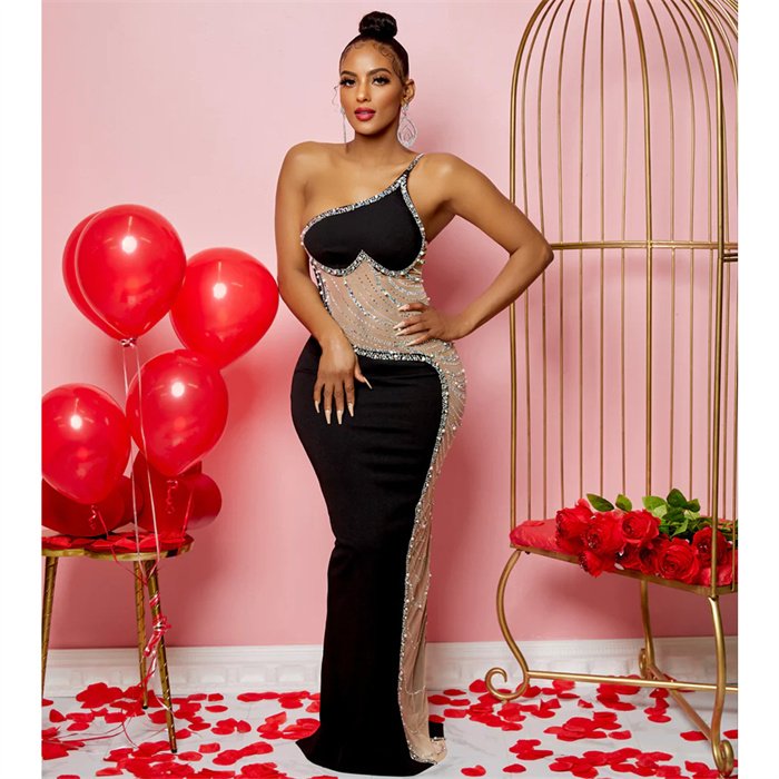 robe de soiree Beaded Plus Size Rhinestone Dress One Shoulder Red Dress Women Party Evening Elegant Long Gown Evening Dresses