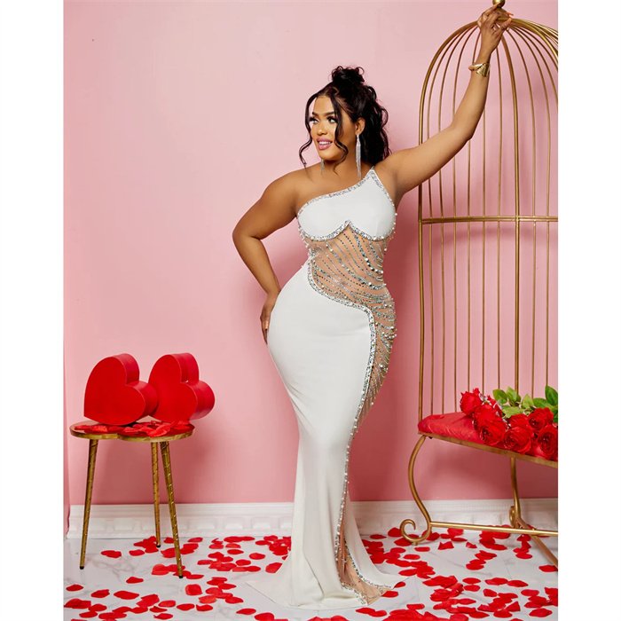 robe de soiree Beaded Plus Size Rhinestone Dress One Shoulder Red Dress Women Party Evening Elegant Long Gown Evening Dresses