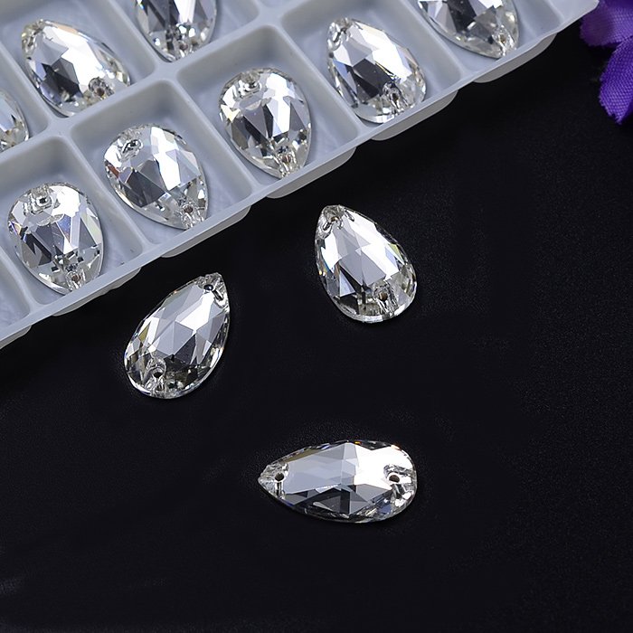 China top quality flat back sew-on glass stones,17X28mm 60 pcs packing tear drop pearl shape crystal sew on rhinestone