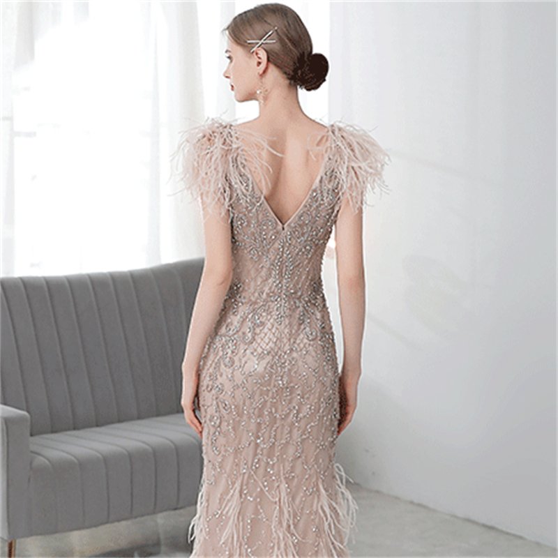 New Party Luxury Small Tail Gowns Sexy V-neck Sleeveless Fishtail Dresses Elegant Handmade Feather Rhinestone Dress for Women