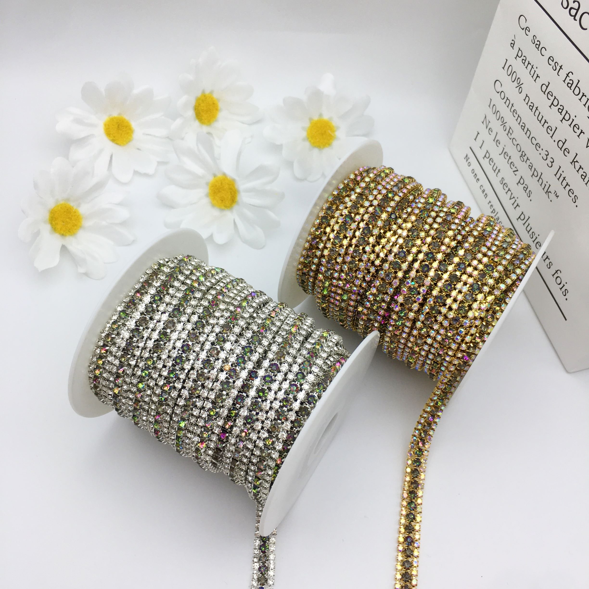 SINRONG Red five color three row gold/silver bottom crystal rhinestone chain Diy decoration accessories rhinestone edging