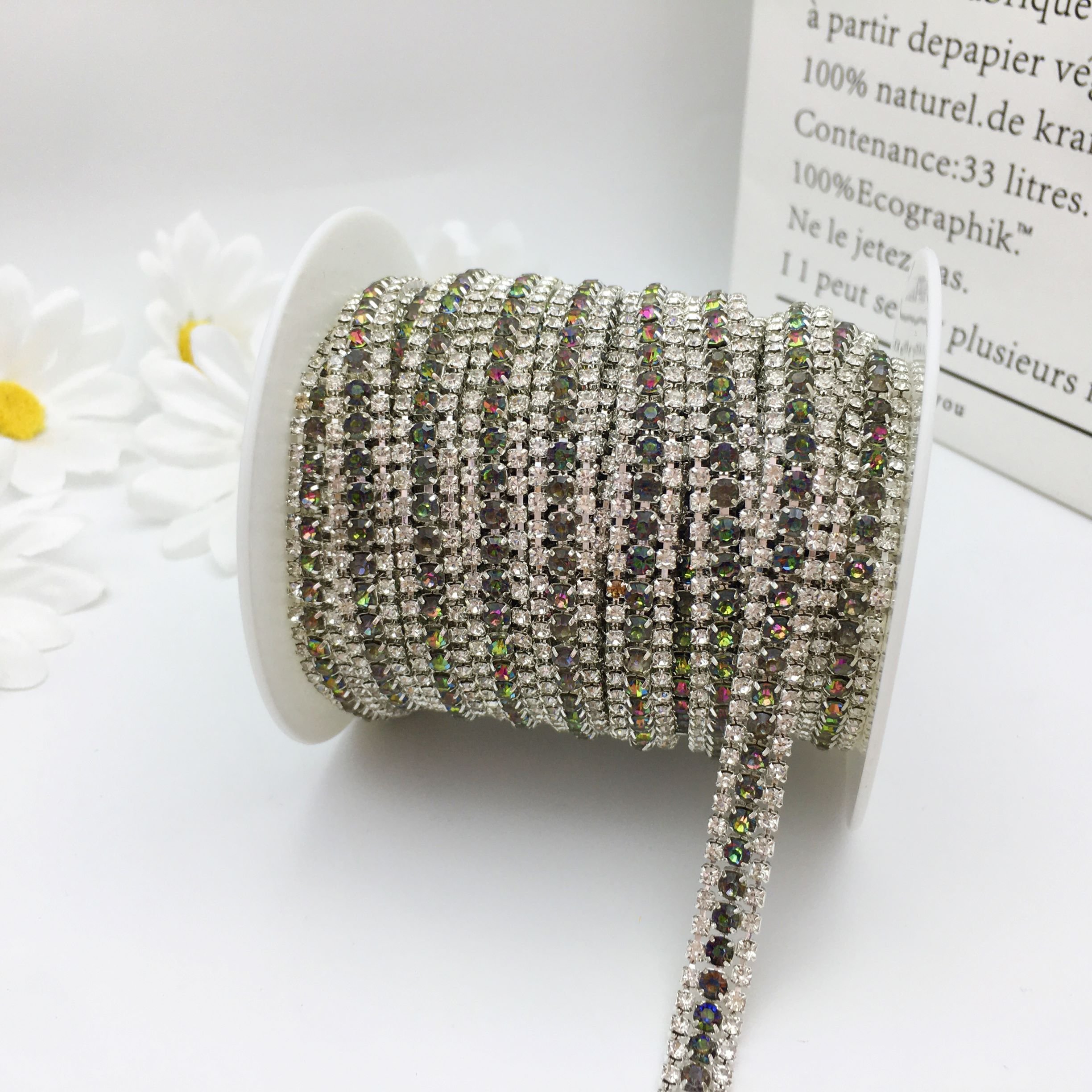 SINRONG Red five color three row gold/silver bottom crystal rhinestone chain Diy decoration accessories rhinestone edging