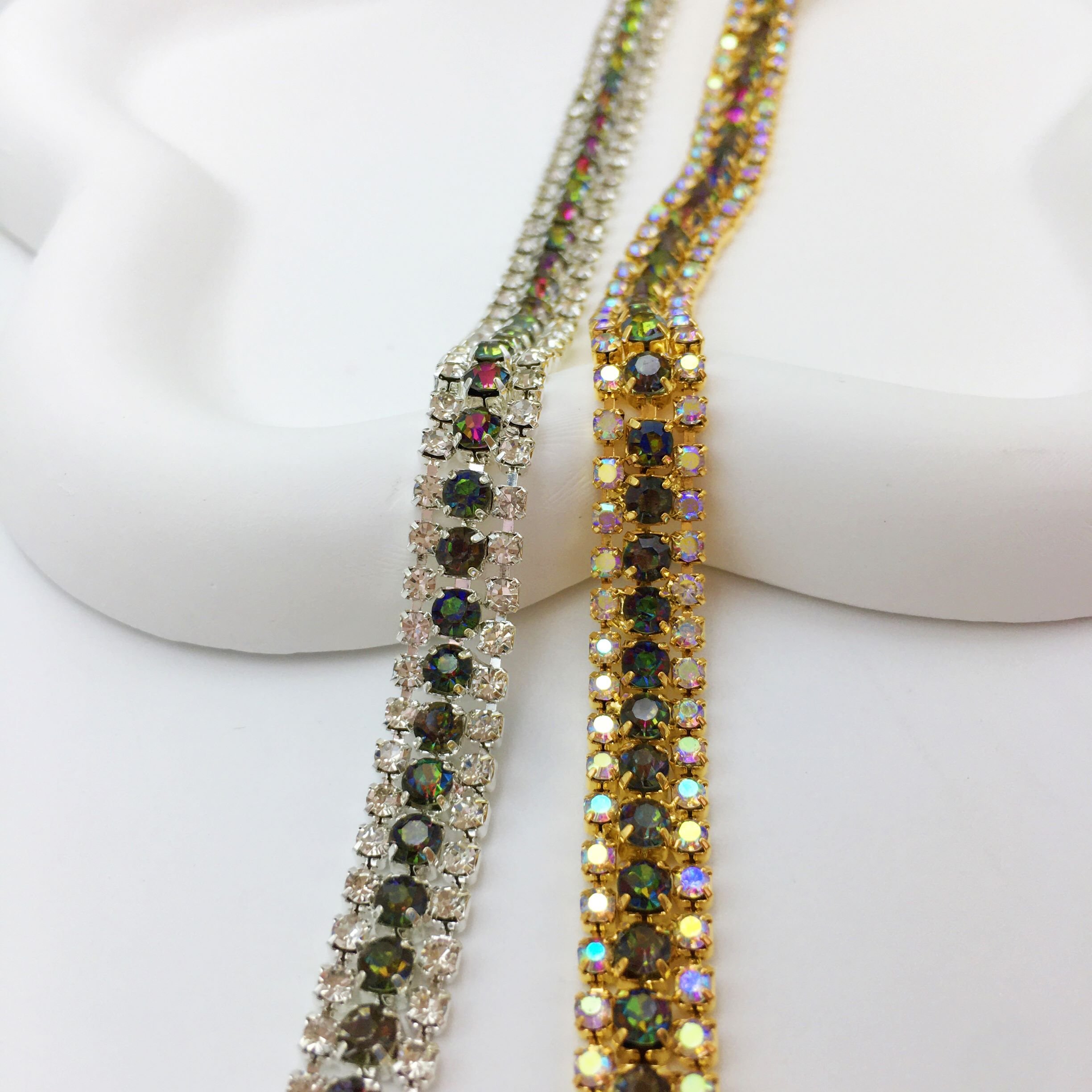 SINRONG Red five color three row gold/silver bottom crystal rhinestone chain Diy decoration accessories rhinestone edging