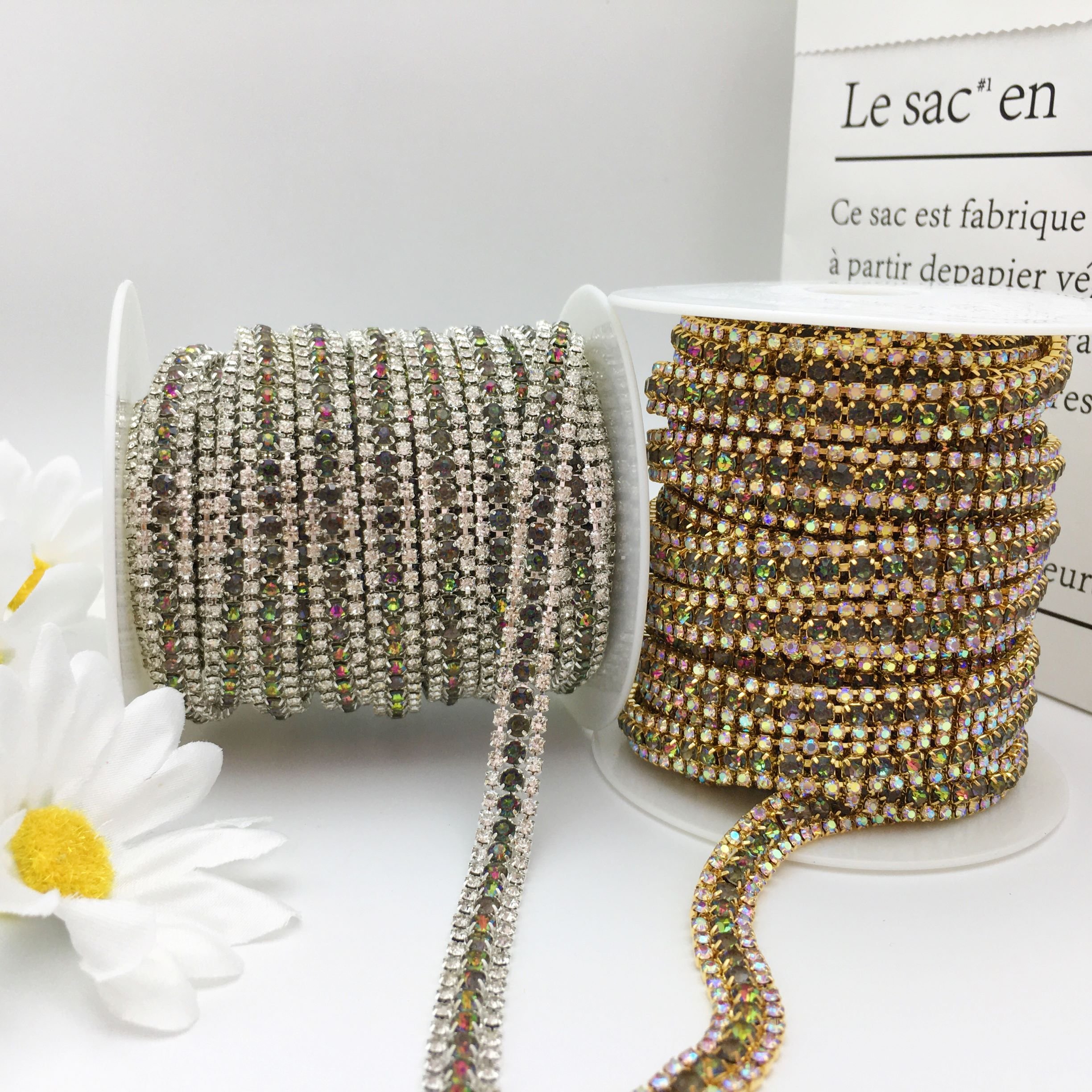 SINRONG Red five color three row gold/silver bottom crystal rhinestone chain Diy decoration accessories rhinestone edging
