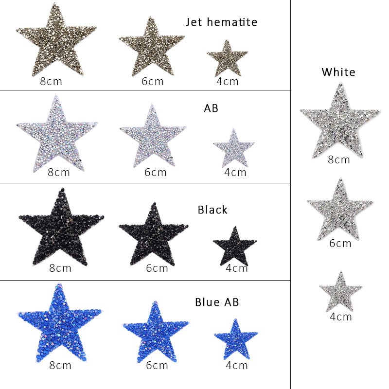 4/6/8cm Hotfix Jet Hematite Star Rhinestone Mixed Embroidered Iron On Patch For Clothing Badge Paste For Clothes Bag Pant Shoes