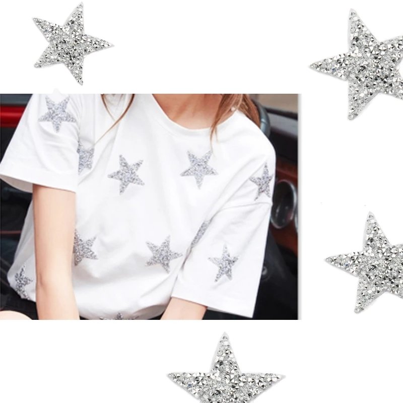 4/6/8cm Hotfix Jet Hematite Star Rhinestone Mixed Embroidered Iron On Patch For Clothing Badge Paste For Clothes Bag Pant Shoes