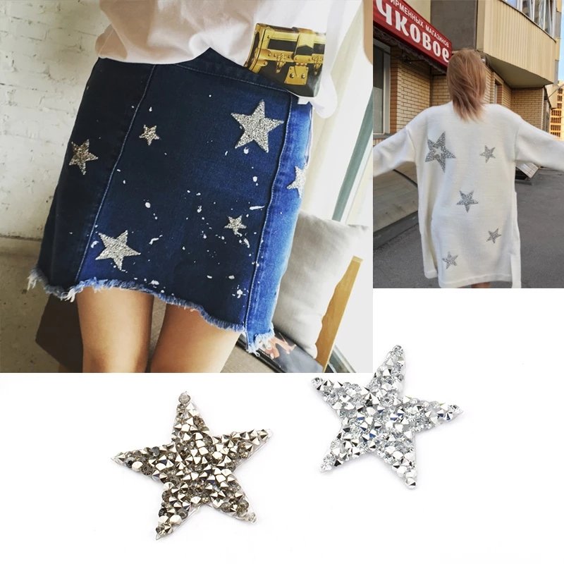 4/6/8cm Hotfix Jet Hematite Star Rhinestone Mixed Embroidered Iron On Patch For Clothing Badge Paste For Clothes Bag Pant Shoes
