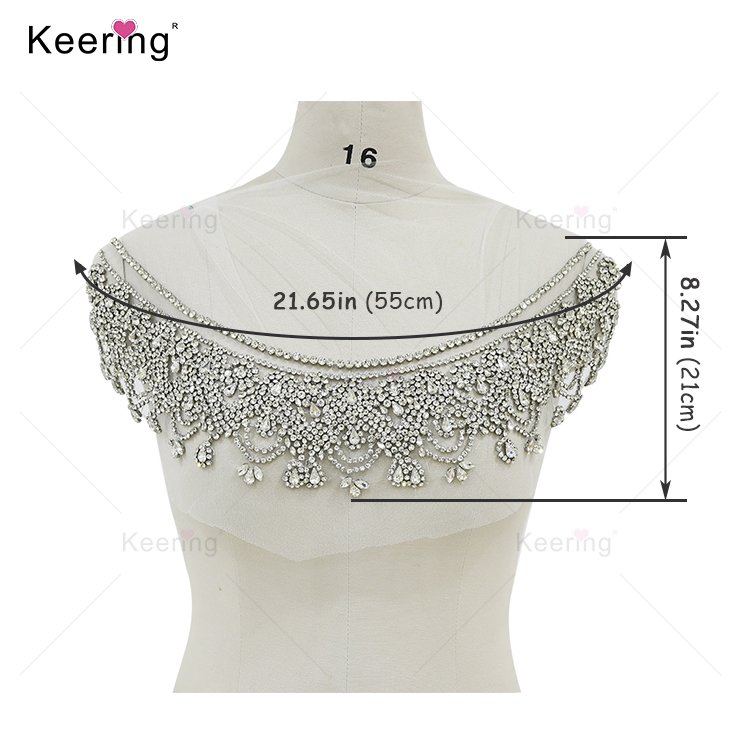 Simple and luxury silver wedding rhinestone appliques French court style crystal embroidered lace patch for bridal dress WDP-278