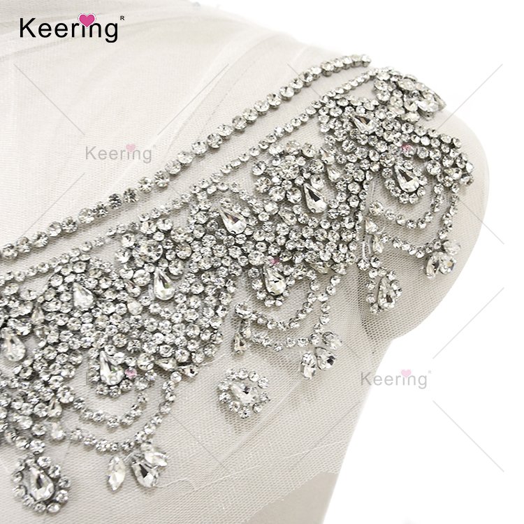 Simple and luxury silver wedding rhinestone appliques French court style crystal embroidered lace patch for bridal dress WDP-278