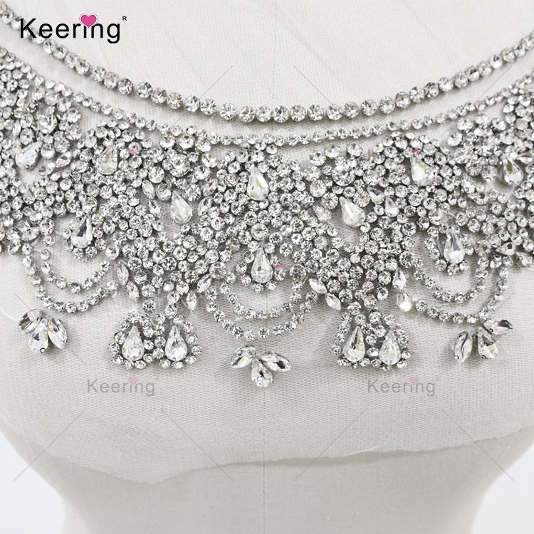 Simple and luxury silver wedding rhinestone appliques French court style crystal embroidered lace patch for bridal dress WDP-278