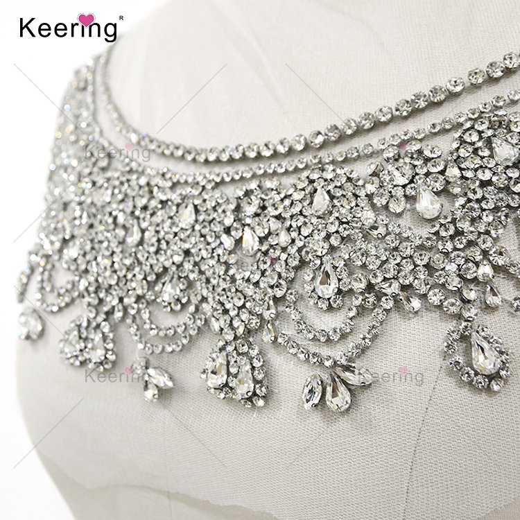 Simple and luxury silver wedding rhinestone appliques French court style crystal embroidered lace patch for bridal dress WDP-278