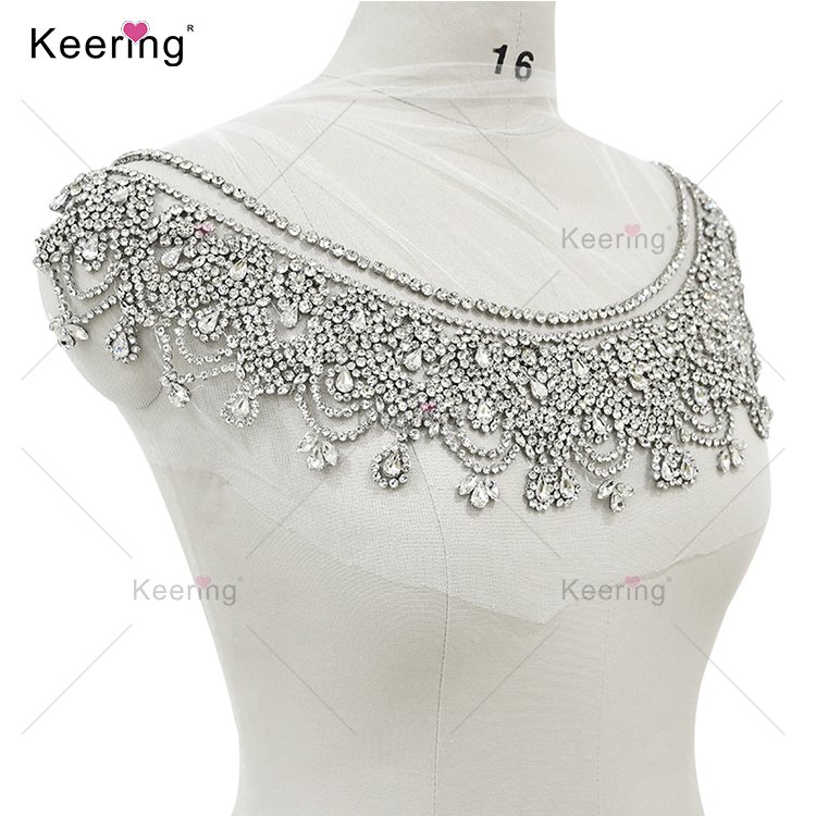 Simple and luxury silver wedding rhinestone appliques French court style crystal embroidered lace patch for bridal dress WDP-278