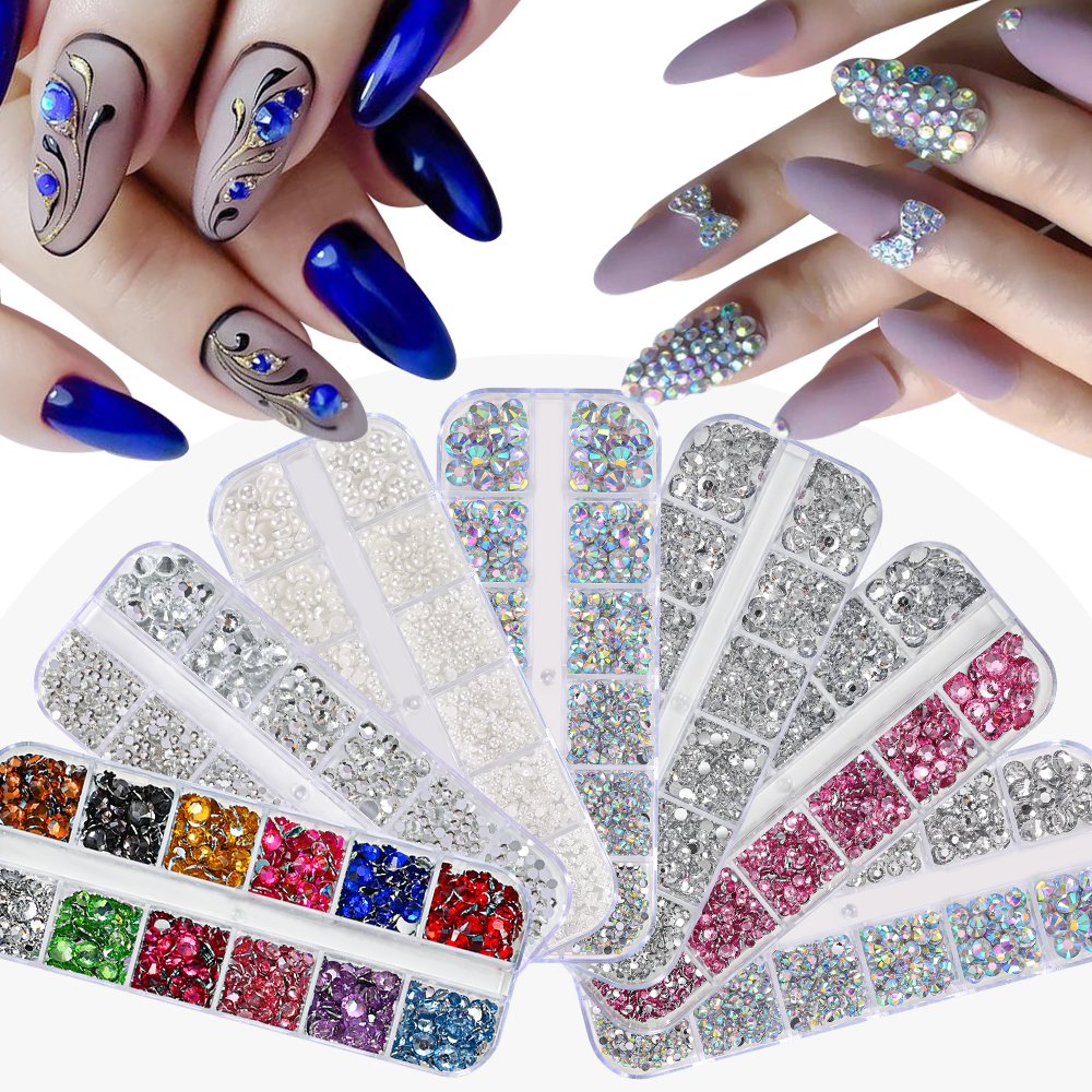 2-6mm Nail Art Rhinestone Set 1 Box /12 Grids DIY Half Round Clear Pink Pearls Nail Charm With Tweezers Dot Drill Pen Tools