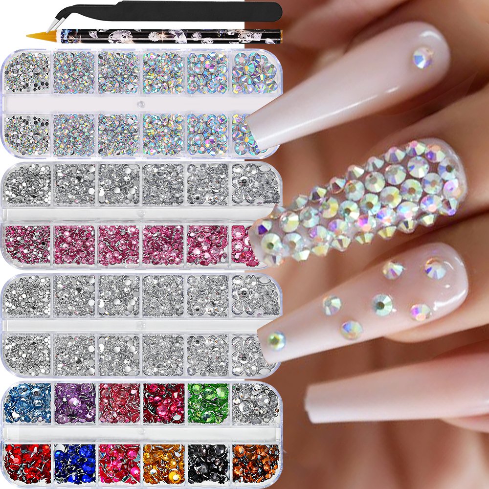 2-6mm Nail Art Rhinestone Set 1 Box /12 Grids DIY Half Round Clear Pink Pearls Nail Charm With Tweezers Dot Drill Pen Tools