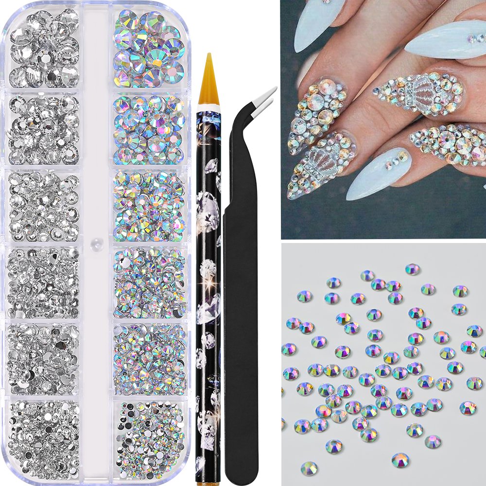 2-6mm Nail Art Rhinestone Set 1 Box /12 Grids DIY Half Round Clear Pink Pearls Nail Charm With Tweezers Dot Drill Pen Tools