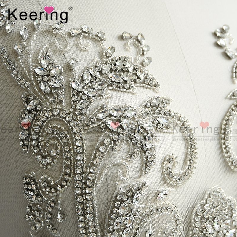 WDP-069 Large Handmade Keering Long design Clear glass Beaded Bodice Rhinestone Applique Patch