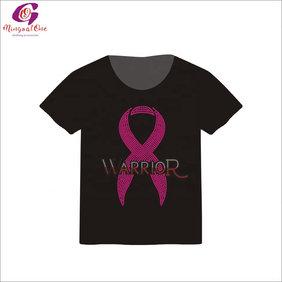 China Factory Custom Pink Ribbon Rhinestone Heat Transfer Design Bling WARRIOR Cancer Ribbon Hot Fix Rhinestone Transfer Design