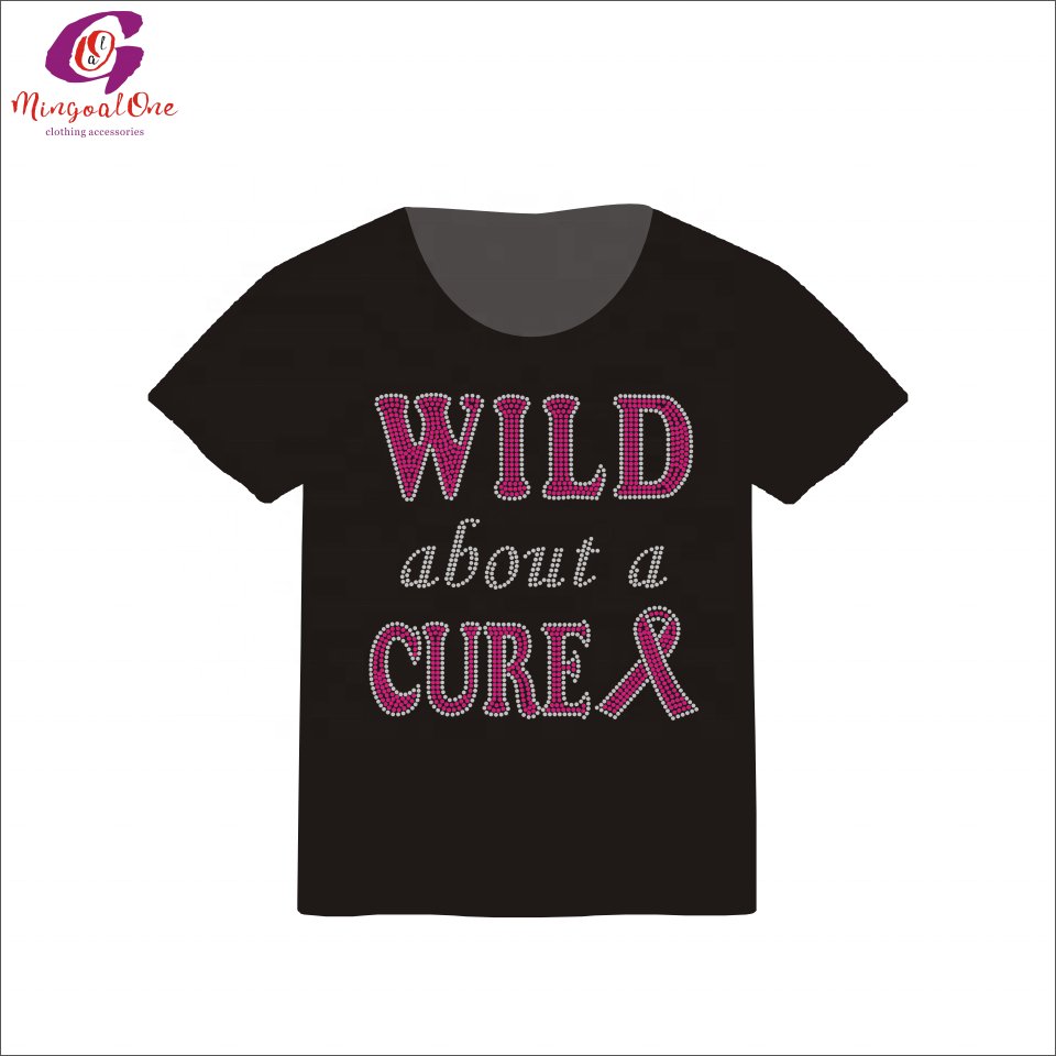 China Factory Custom Pink Ribbon Rhinestone Heat Transfer Design Bling WARRIOR Cancer Ribbon Hot Fix Rhinestone Transfer Design