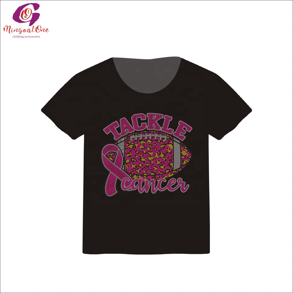 China Factory Custom Pink Ribbon Rhinestone Heat Transfer Design Bling WARRIOR Cancer Ribbon Hot Fix Rhinestone Transfer Design