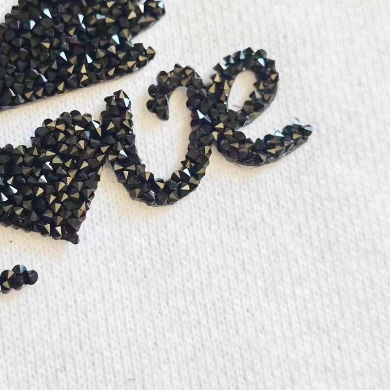 Custom high-quality golden rhinestones Heat transfer printing stickers Hot Fix Resin crystal shiny heat transfer clothing labels