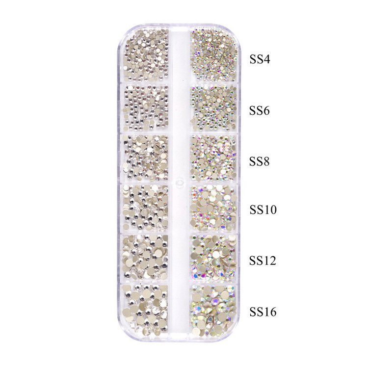 AB 3D Nail Art Rhinestones Wholesale Crystal Suit Rhinestone Bulk Flatback Non Hotfix 12 Grid Box Glass Silver 3 Box Round Shape