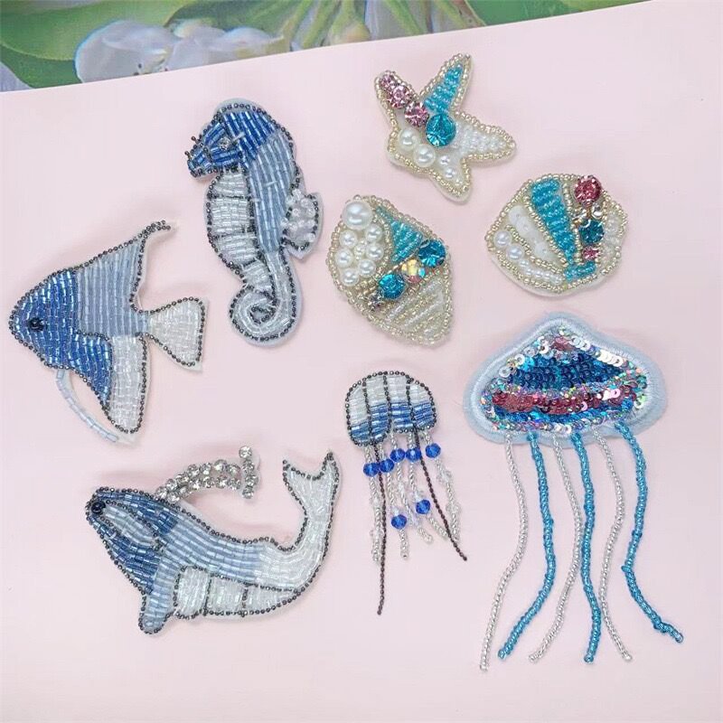 Custom Handmade Marine Animals Starfish Shells Whales Beaded Rhinestone Patch Blue 3D Glitter Appliques For Hat Shoe Clothing