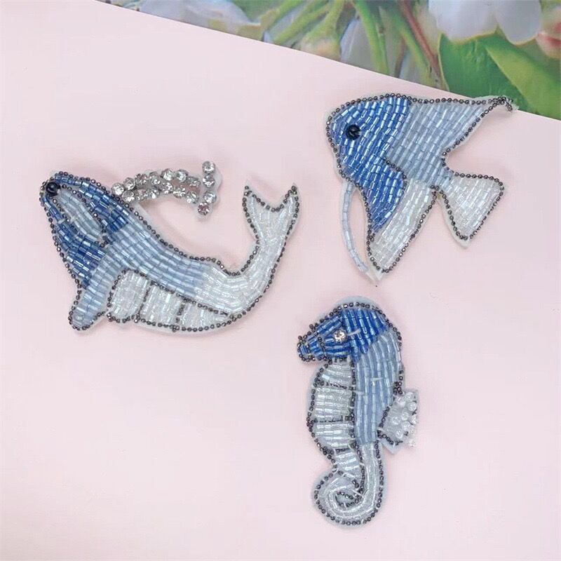 Custom Handmade Marine Animals Starfish Shells Whales Beaded Rhinestone Patch Blue 3D Glitter Appliques For Hat Shoe Clothing