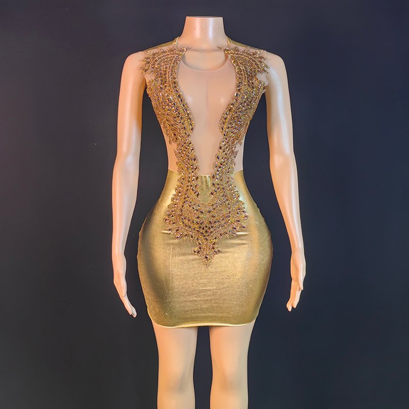Novance Y2942 Evening Dresses Lady Elegant 2023 Crystal Rhinestone Sequin Dresses Plus Size Gold Mesh Party Birthday Club Dress