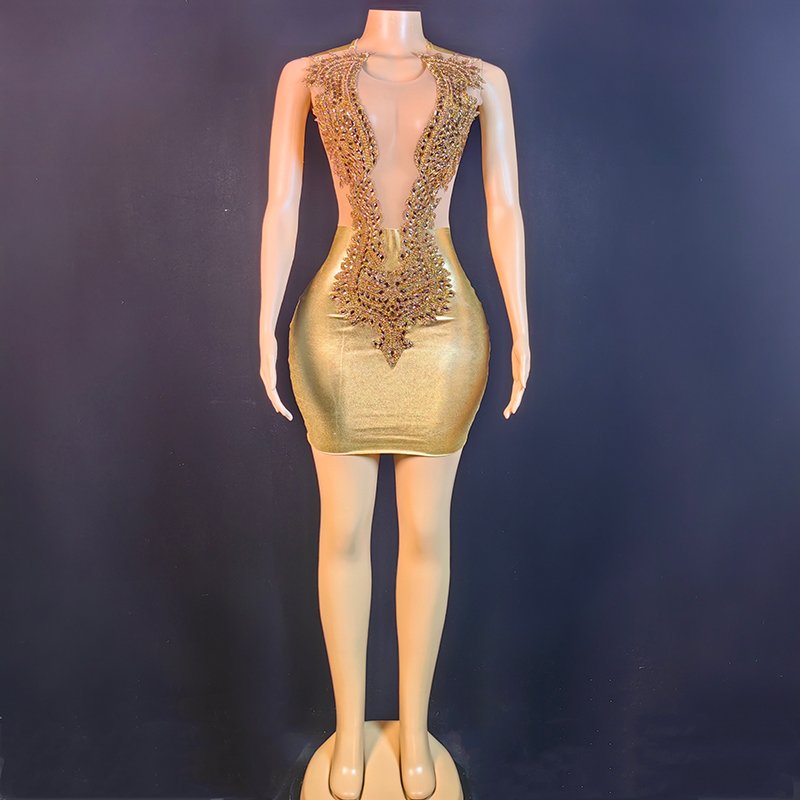 Novance Y2942 Evening Dresses Lady Elegant 2023 Crystal Rhinestone Sequin Dresses Plus Size Gold Mesh Party Birthday Club Dress