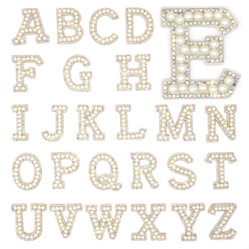 English Letters Pearl Rhinestone Patches for Clothes A-Z Alphabet Rhinestones Applique Sew On/Glue On Patches DIY Name