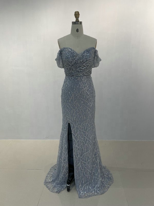 Fitted Prom Dresses Mermaid Evening Party Dresses with Slit for Sexy Shiny Sweetheart Tulle Off The Shoulder Sequin Women Empire