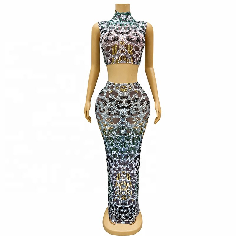Factory sale sparkly crystals Leopard print plus size women's clothing rhinestone dress evening dress woman