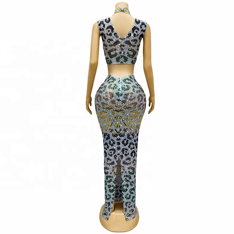 Factory sale sparkly crystals Leopard print plus size women's clothing rhinestone dress evening dress woman
