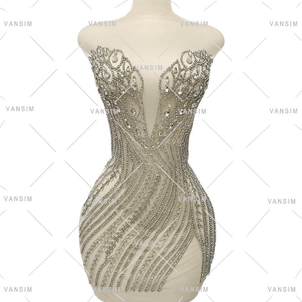 winter short designs New Wedding Silver Bridal Sparkle hanging Ice drop pendant Panel Crystal Rhinestone Bodice Dress applique