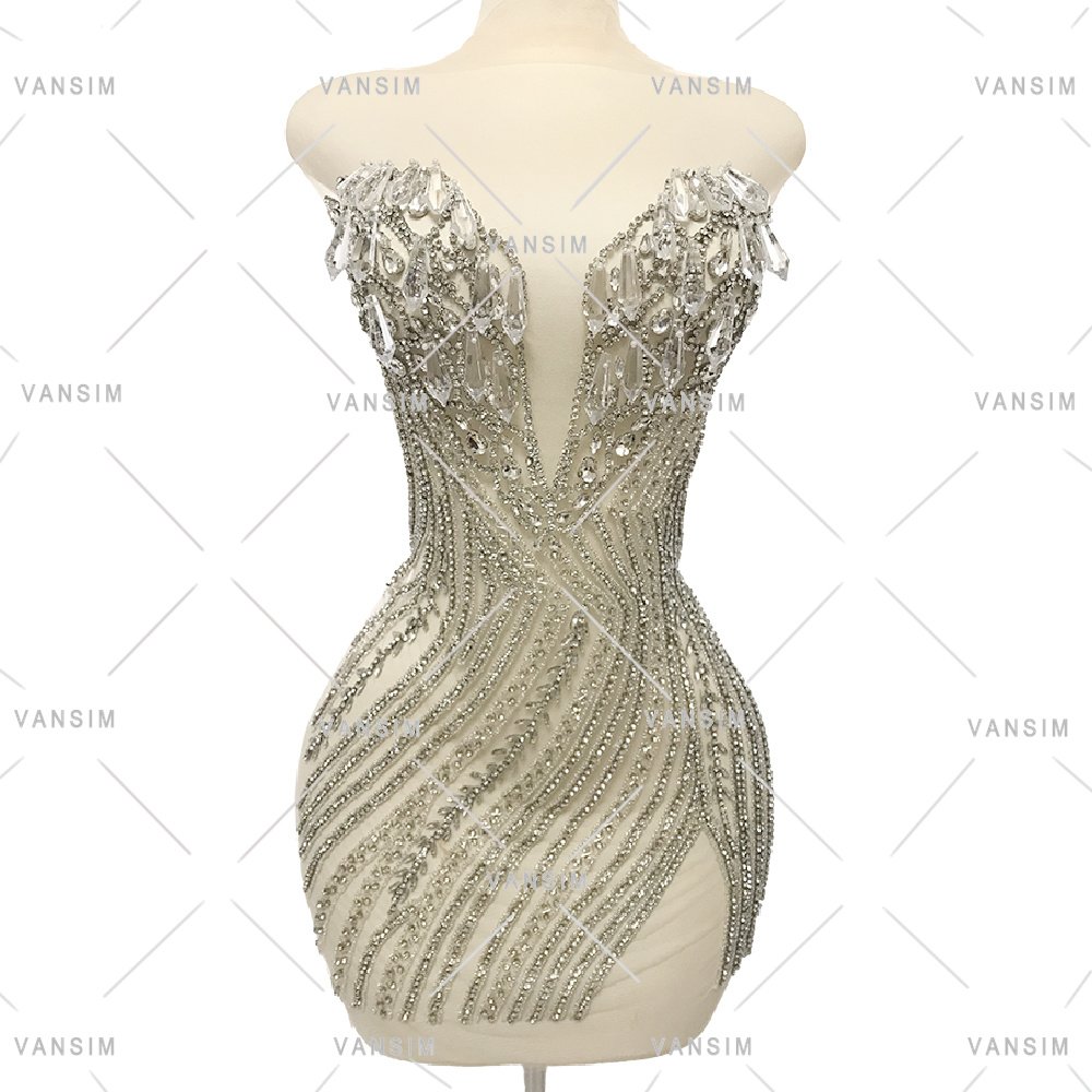 winter short designs New Wedding Silver Bridal Sparkle hanging Ice drop pendant Panel Crystal Rhinestone Bodice Dress applique