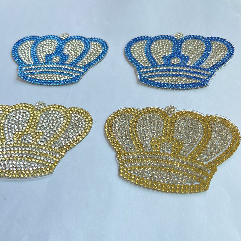 New Product Custom Design DIY Garment Accessories Iron On Hot Seal Gold Blue Clear Rhinestone Crown Patches For Clothes
