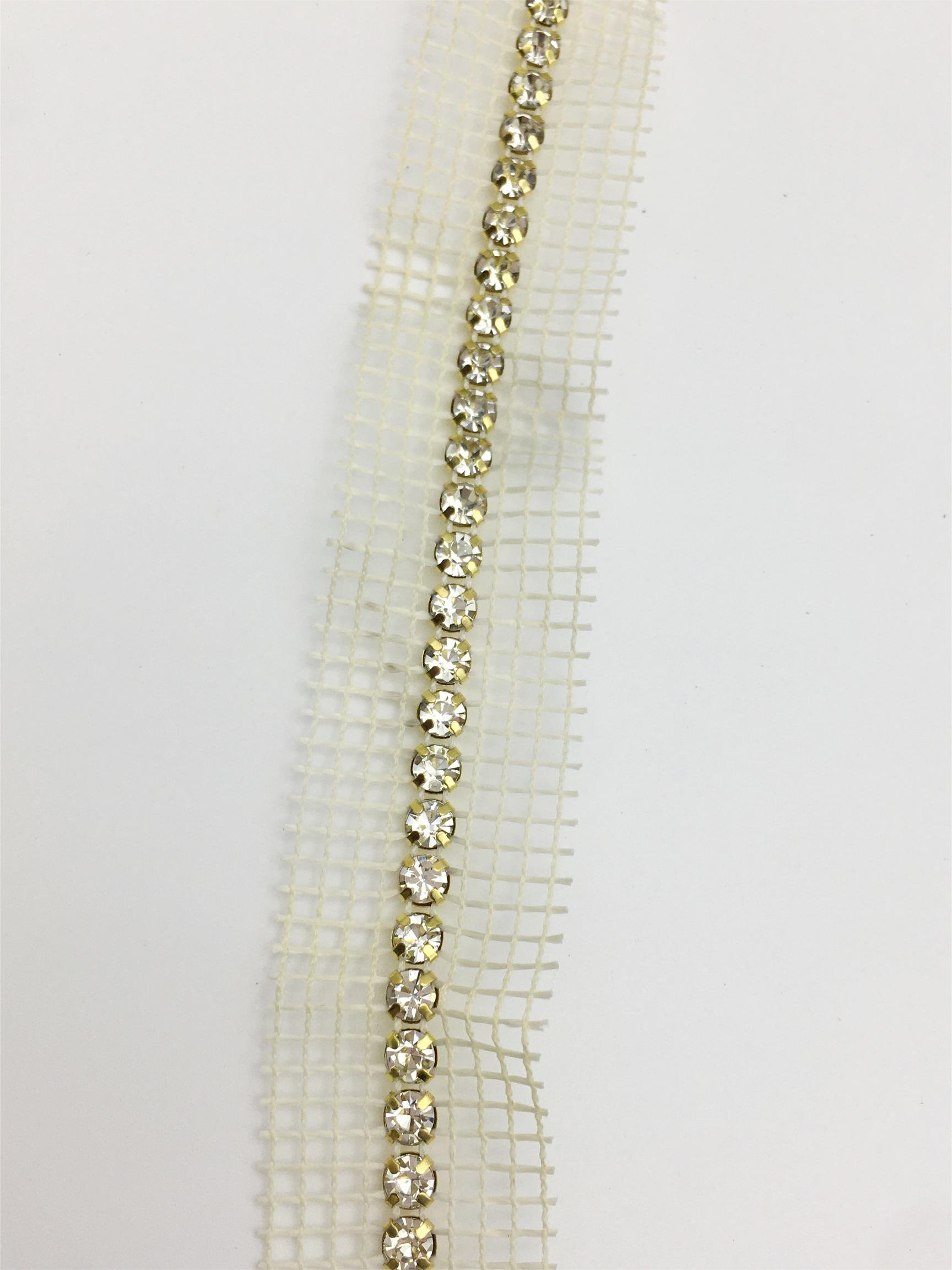 SINRONG Metal rhinestone chain single row gold bottom trimming mesh fabric on both sides lace for footwear