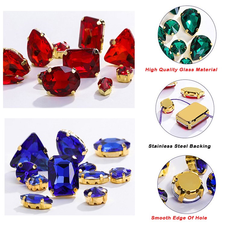 Colorful Glass Crystal Sew On Rhinestone with Gold Claw 50pcs/Bag Mixed Shapes Sew On Stones For Garment Clothing Accessories