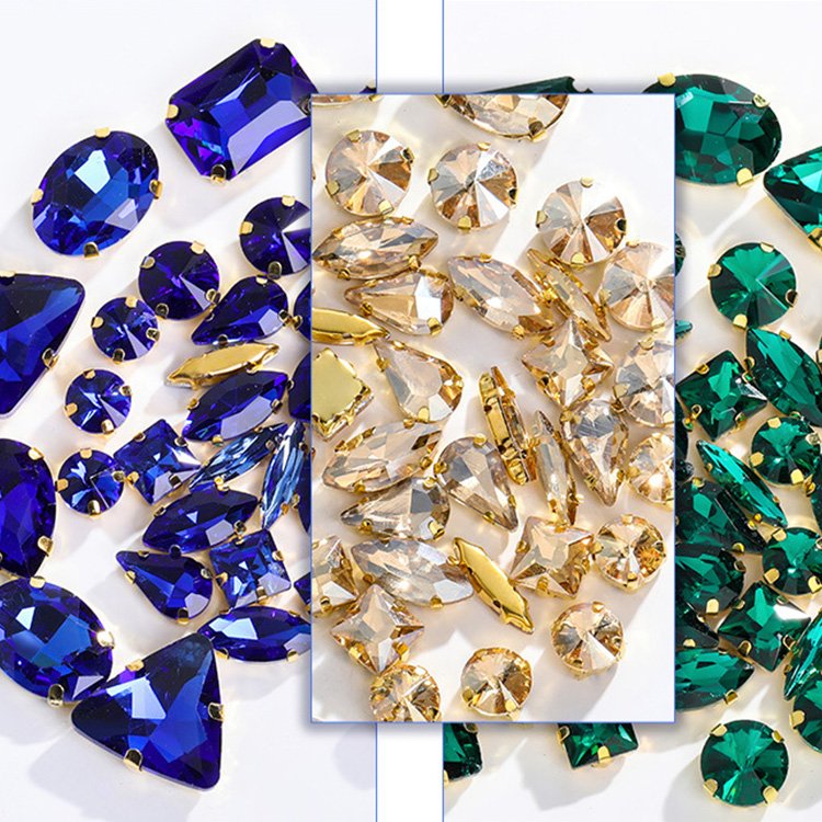 Colorful Glass Crystal Sew On Rhinestone with Gold Claw 50pcs/Bag Mixed Shapes Sew On Stones For Garment Clothing Accessories