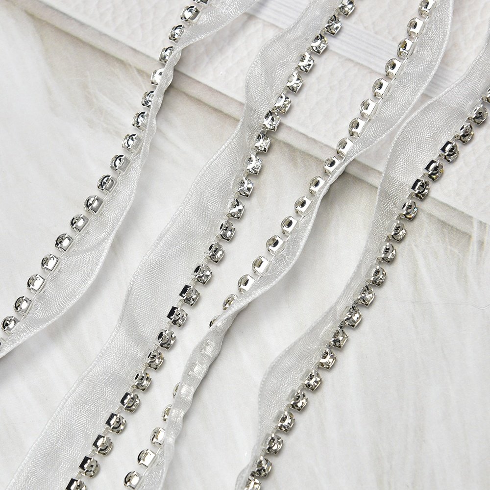 1 Row Rhinestone Chain Ribbon White Black Lace Trim Crystal Mesh Webbing Sew on Collar Clothing Decoration Accessories